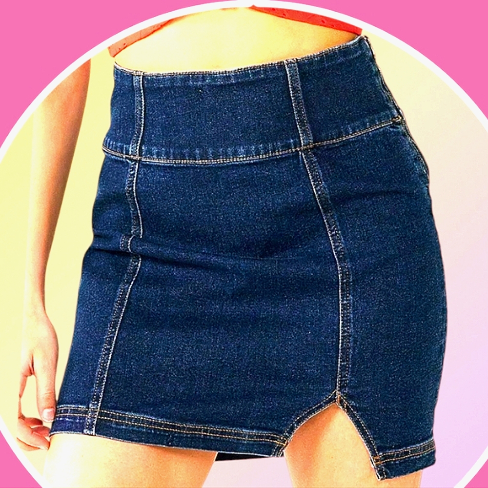 NWT Sz 26-3XL Dark Wash Denim Thigh Slit Mini Skirt